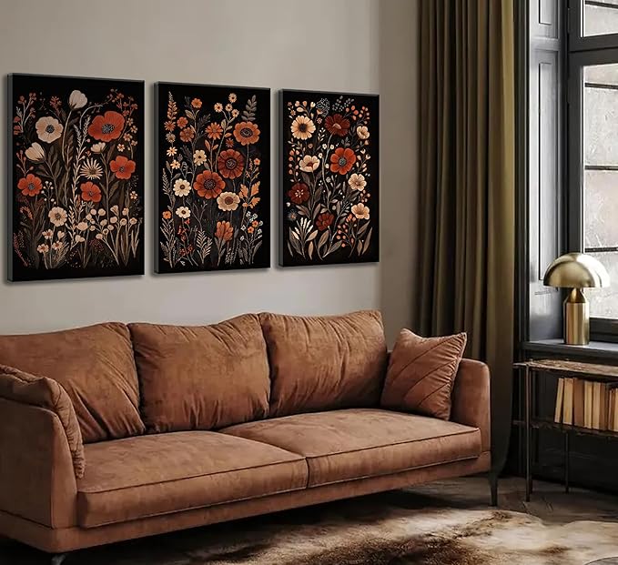 Wavkkey 3 Pcs Dark Floral Canvas Wall Art Vintage Moody Flowers Botanical Posters Painting Picture Wall Decor Print Artwork for Living Room Bedroom Women Room Home Decoration
