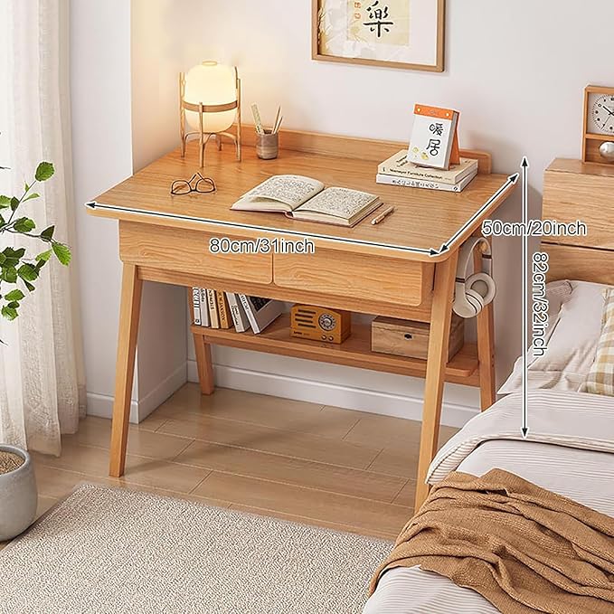 Home Office Writing Desk with Drawers, Modern Wood Table with Storage Shelves & Hooks, Computer Workstation Study Desk Writing Table Simple Zero Assembly Without Chair(31.5inch/80cm, Walnut)