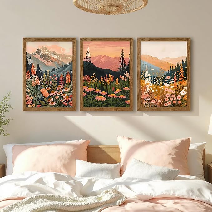 InspiredHues Colorful Landscape Boho Canvas Wall Art Set, 3 Piece Wildflower Mountain Wall Decor, Vintage Floral Rustic Nature Artwork Prints for Living Room Bedroom Office 16x24 Inch Wood Framed