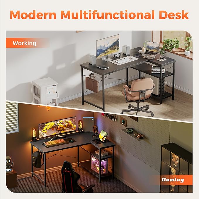Mericonia Small L Shaped Computer Desk, Reversible Gaming Desk with Storage Shelves, Corner Gamer Desk Table, Study Writing Table