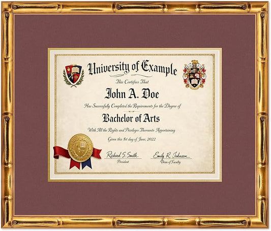 CountryArtHouse Diploma Frame Fits 13 x 10 College Diploma (Traditional) - Keepsake Graduation Display Gold Bamboo Genuine Hardwood with Dark Red Over Metallic Gold Double mat