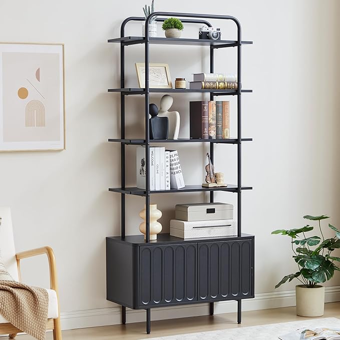 71" Tall Bookshelf with Door, 6-Tier Bookcase Modern Metal Book Shelf with Open Shelves & Adjustable Footpad Freestanding Storage Cabinet for Living Room, Home Office (Black)