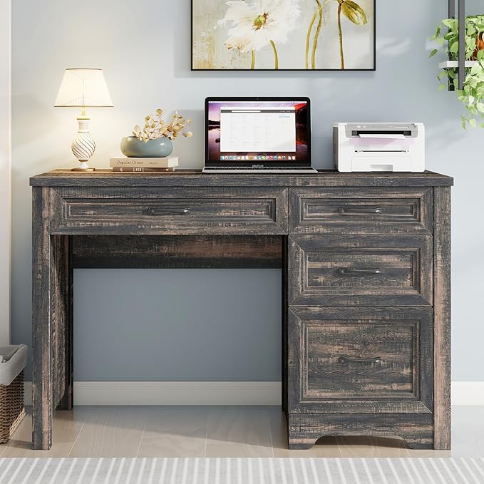 Farmhouse Executive Desk with Drawers, Wood Computer Desk with Ample File Drawer, Rustic Home Office Desk with Storage for Bedroom, Living Room, Dark Oak