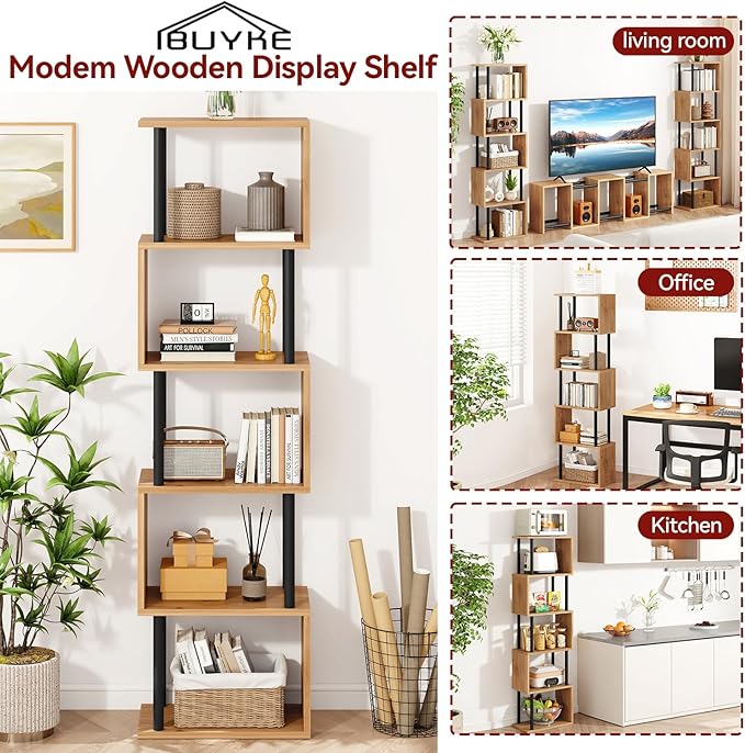 IBUYKE 6-Tier Tall Bookshelf,S-Shaped Geometric Bookcase, Wood Display Shelves with Storage,Modern Bookshelf for Living Room Bedroom, Home Office,Oak WBC016K