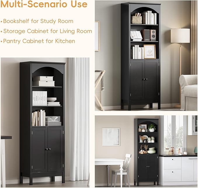 Bookshelf with Doors, 71" Tall Wood Book Shelf with Cabinet, 24" Wide Arched Bookcase with Adjustable Shelf, Floor Standing Display Storage Cabinet for Home Office, Study and Living Room, Modern Black