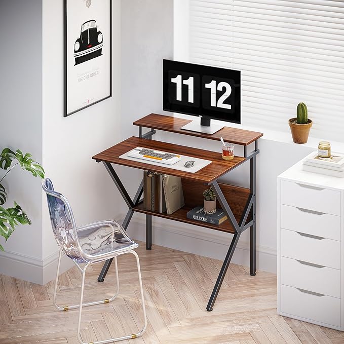 ODK Small Desk, 27.5 Inch Computer Desk for Small Spaces, Kids Desk with Storage, Study Table with Monitor Stand for Homeschool, Deep Brown