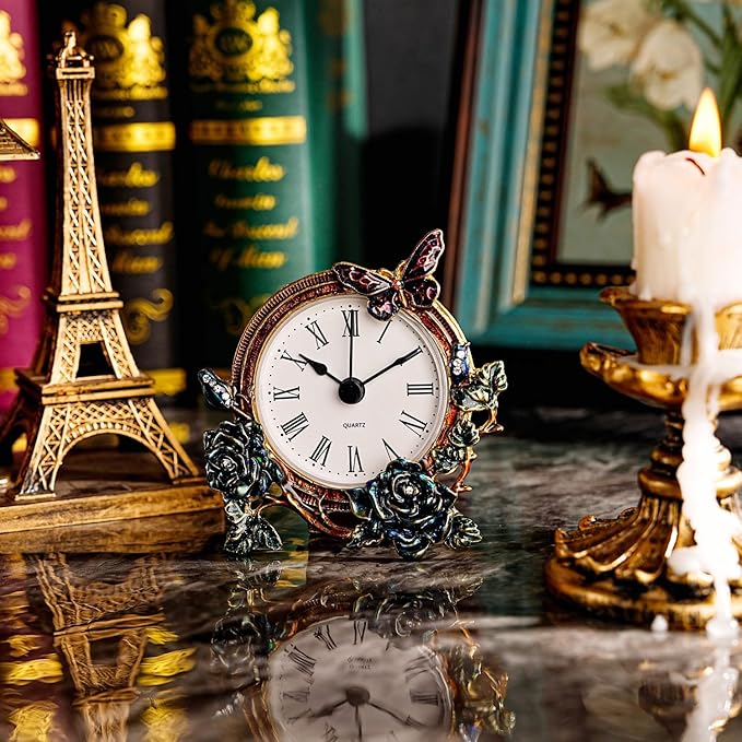 Mini Tabletop Clock, Decorative Vintage Floral Metal Table Clock with Battery Operated for Bedside, Table, Living Room, Home and Office