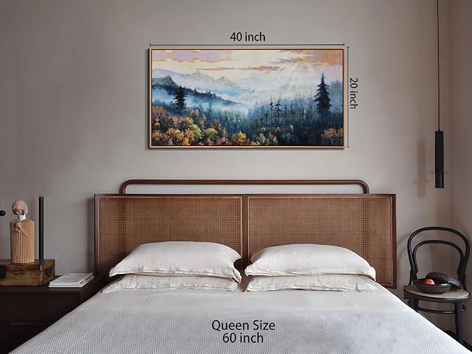 Arjun Forest Landscape Framed Wall Art Canvas, Misty Nature Wall Art for Living Room Painting Tranquil Scenery Tree Picture Artwork for Bedroom Office Home Wall Decor, Large 40"x20"