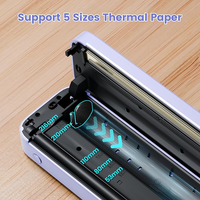 Portable Printer, 300DPI Wireless Bluetooth Thermal Printers, Support Multi-Size Thermal Paper, Compatible with iOS, Android & PC, Inkless Mobile Printer for Travel, Office, School, Purple