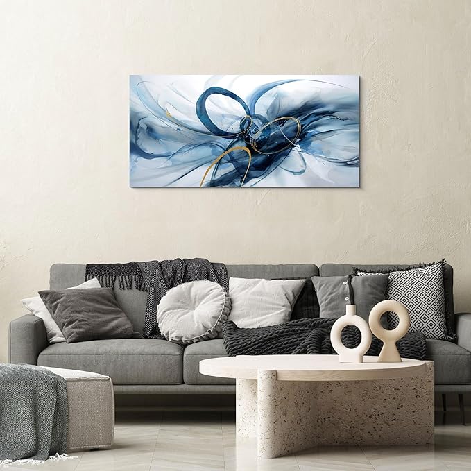 XLSJERST Abstract Wall Art for Living Room - Large Canvas Picture Blue and White Modern Minimalism Horizontal Artwork for Bedroom Office Home Decoration - 40x20 Inches