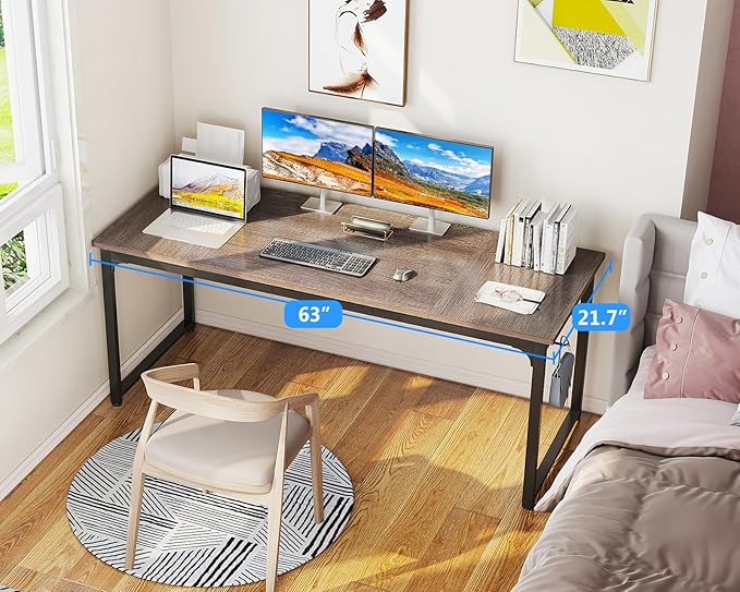 Casaottima 63 Inch Computer Desk for Home Office, Study Writing Table for Small Spaces, Simple Modern Desk with Headphone Hooks, Grey Oak