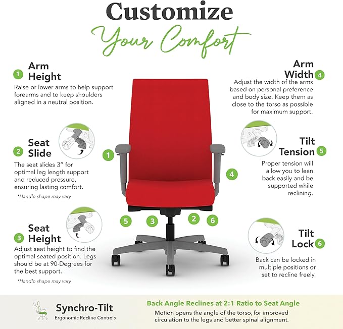 HON Ignition 2.0 Fabric Office Chair, Upholstered, Adjustable Arms, Advanced Synchro-Tilt Recline Executive Ergonomic Office Chair, Titanium Frame, Ruby