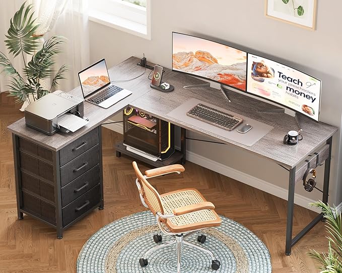 AODK L Shaped Gaming Desk with 4 Drawers, 61" Reversible Home Office Desks with Power Outlets, L Shaped Computer Desk with USB Charging Port and Host Stand, Corner Desk, Easy to Assemble, Grey