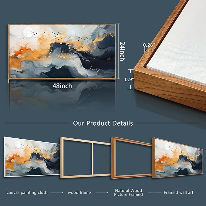 MHARTK66 Framed Wall Art Abstract Large Canvas Picture Marble Fluid Art with Gold Foil Moon & Bird Design Home Decor for Living Room Bedroom Hotel Office Wall Decorative Artwork Ready to Hang 24x48