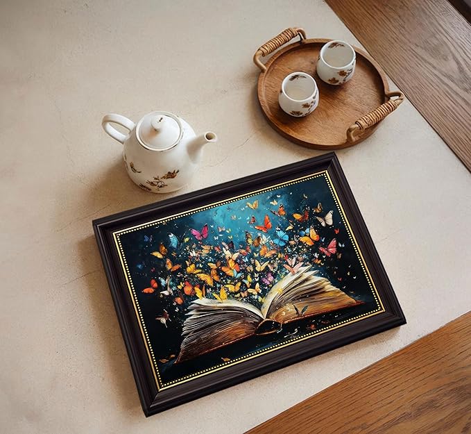 Dark Brown Frame Colorful Butterfly Book Canvas Wall Art Butterfly Emerging From Book Wall Decor Picture Reading Enthusiasts Poster Print for Library Reading Room Modern Reading Home Decoration