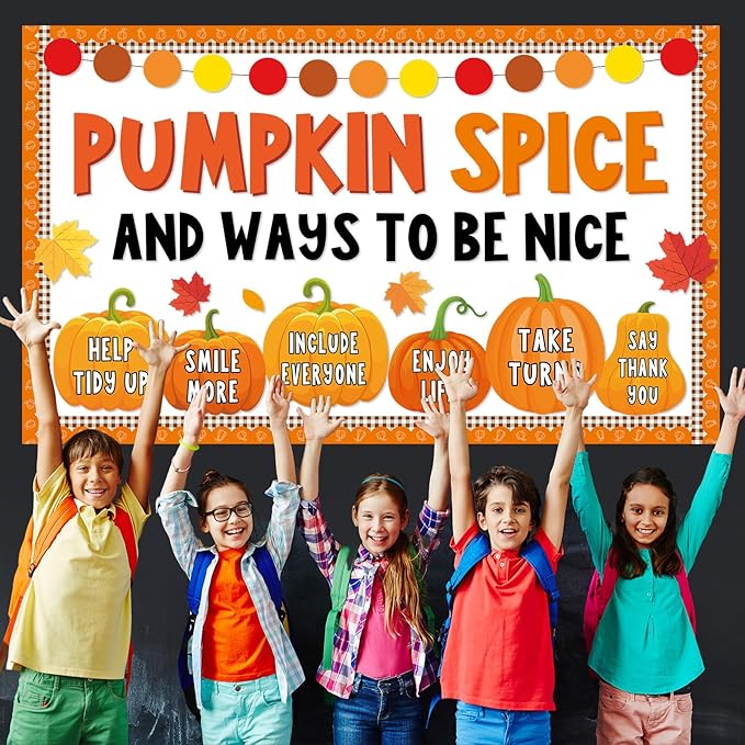gisgfim Thanksgiving Pumpkin Bulletin Board Decorations Fall Classroom Pumpkin Spice and Ways to Be Nice Paper Cutouts Autumn Bulletin Board Set DIY Craft for School Office Wall Door Decor Supplies