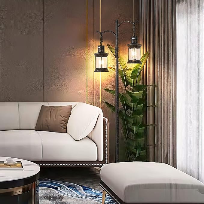 Vintage Dimmable Floor Lamp,2 Classical Lanterns Standing Lamp, Rustic Farmhouse Floor Lamp with Bronze Gold Finish, for Living Room Bedroom (Bronze)