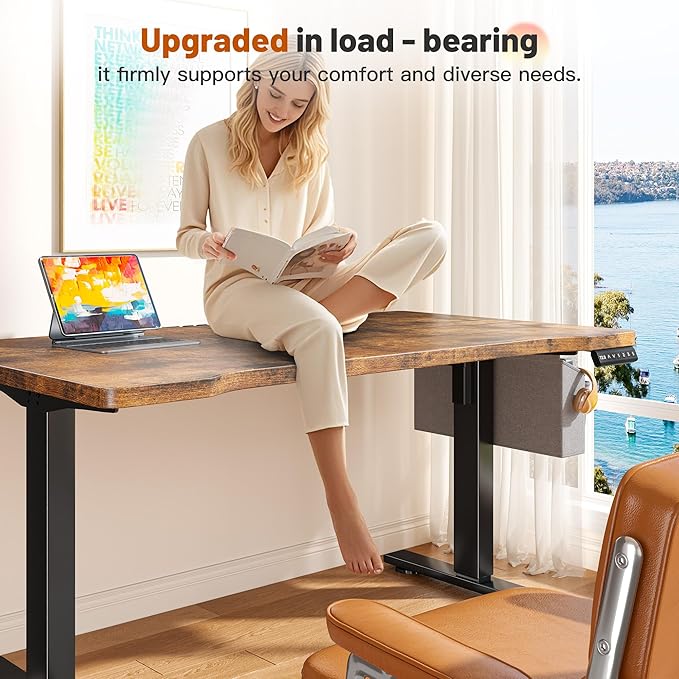 EnHomee Gaming Desk with LED Lights,Computer Desk Adjustable Electric Standing Height Office Desk with 3 Memory Preset,Storage Side Pocket and Cable Management,Rustic Brown，48 x 24 Inch