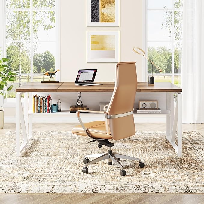 Tribesigns 63 inches Computer Desk with Bottom Storage Shelf Home Office Desk Writing Table for Workstation,Dark Walnut + Steel Leg， Cabinet not Included (Light Walnut, 63-inch-with Shelf)