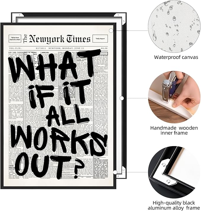 What If It All Works Out Wall Art Retro Black and White Newspaper Motivational Poster Positive Affirming Quote Minimalist Canvas Print for Bedroom Living Room Home Decor 12x16inch Aluminum Framed