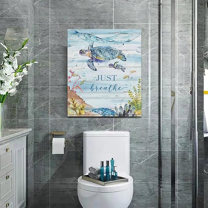 Ocean Sea Turtle Wall Art Nautical Just Breathe Pictures Wall Decor Beach Seaweed Canvas Coastal Painting Modern Artwork Home Decoration for Bathroom Living Room Bedroom Office Framed 20"x24"