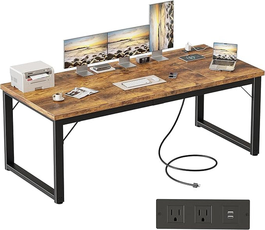 Mericonia 63 Inch Large Computer Desk with Power Outlets, 1.2" Thick Heavy Duty Industrial Office Desk, Modern Simple Study Writing Table for Home Office Bedroom Workstation, Brown