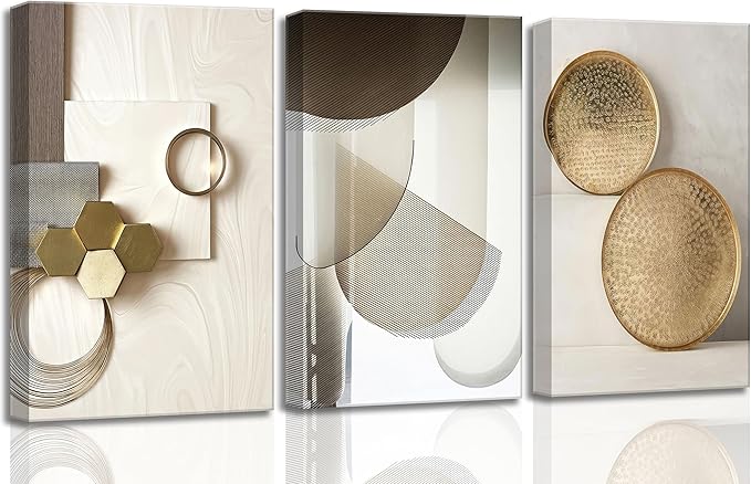 3 Pcs Abstract Gold Geometric Boho Canvas Wall Art Mid Century Modern Minimalist Aesthetic Luxury Metal Artwork Pictures Wall Decor Posters Prints for Living room Bedroom Office Home Decoration