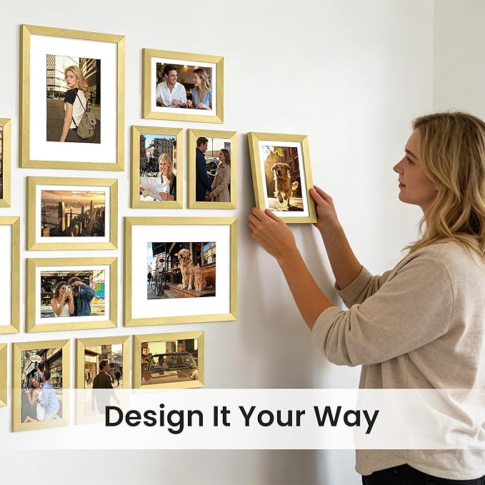 upsimples 19 Pack Picture Frames Collage Wall Decor for Mounting or Tabletop Display, Photo Gallery Frame Set for Family, Multi Sizes Including 8x10, 5x7, 4x6, Gold