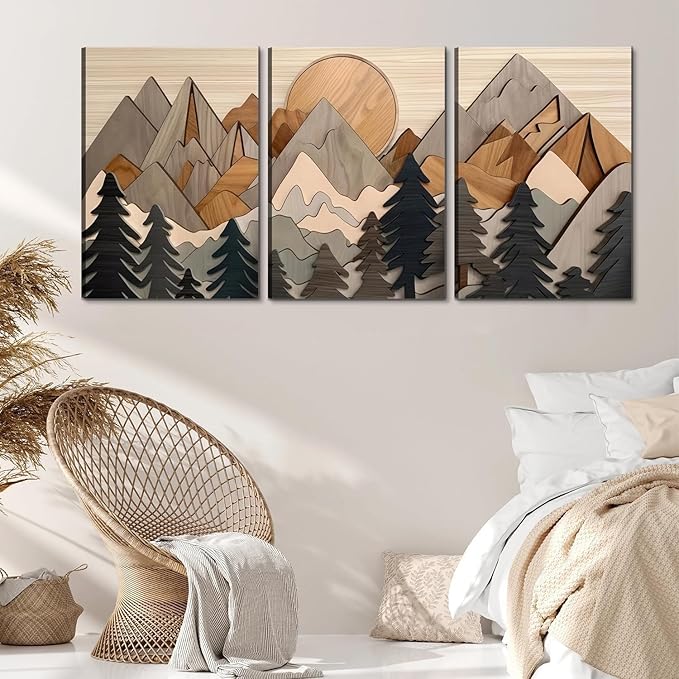 Set of 3 Mountain canvas Wall Art Large Forest Wall Decor pictures Woodcut Wooden Landscape poster Prints Abstract Landscape Nature Painting for Living Room Bedroom Office (12x16in canvas)