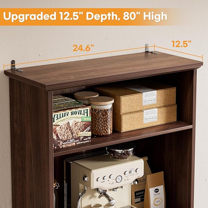 Cyclysio 80" Tall Bookcase Set of 2, Farmhouse 2 Set Bookshelves with Drawer and Doors, Floor Standing 6 Shelf Display Storage Cabinet for Home Office, Living Room (2, Black Walnut)