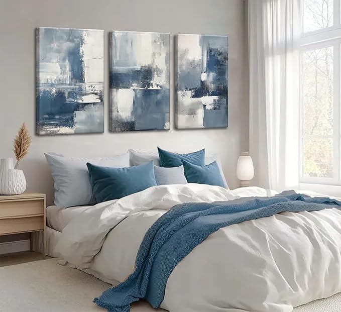3pcs Navy Blue Abstract Canvas Wall Art Modern Minimalist Neutral Blue White Painting Picture Wall Decor Poster Print Artworks for Living Room Bedroom Office Decoration