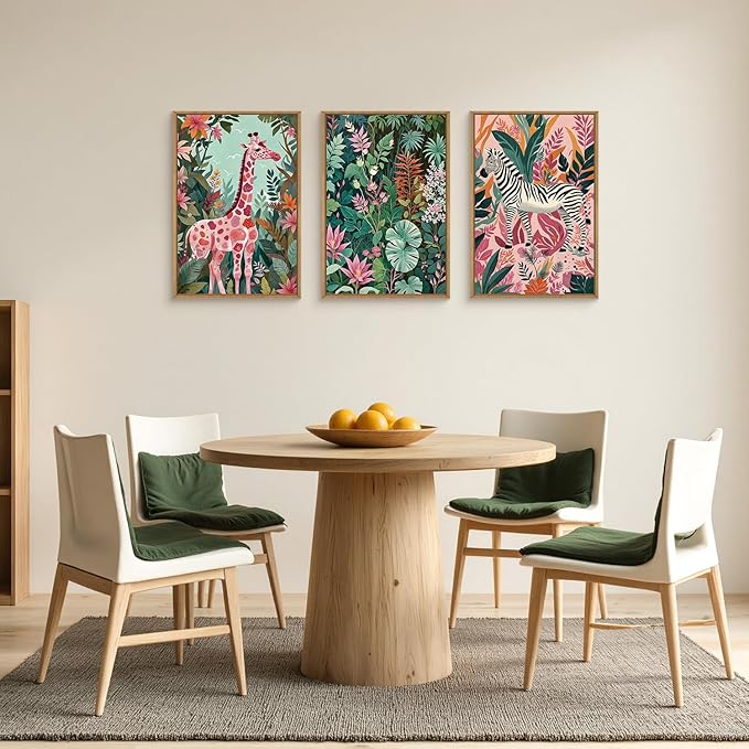 Spring Boho Sage Green Pink Giraffe Zebra Jungle Framed Canvas Wall Art Set,Natural Safari Tropical Wildlife Wall Decor,Modern Wild Animal Botanical Artwork for Living Room,Farmhouse -16"x24"x3