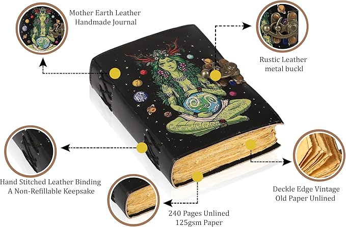 TUZECH Book of Spells Mother Of Earth Leather Bound Journal Deckle Edge Paper Tree of Life Antique Embossed Bound Daily Notebook With Colorful Print Journal Antique Vintage Book for Men and Women