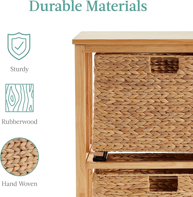 Best Choice Products Vertical Rolling File Cabinet, Multipurpose Portable Water Hyacinth Basket Organizer for Home Office, Workspace w/Rubberwood Frame, Metal Sliders, Locking Caster Wheels - Natural
