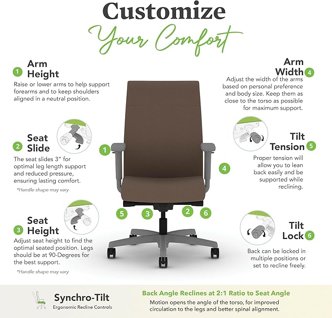 HON Ignition 2.0 Fabric Office Chair, Upholstered, Adjustable Arms, Advanced Synchro-Tilt Recline Executive Ergonomic Office Chair, Titanium Frame, Bark
