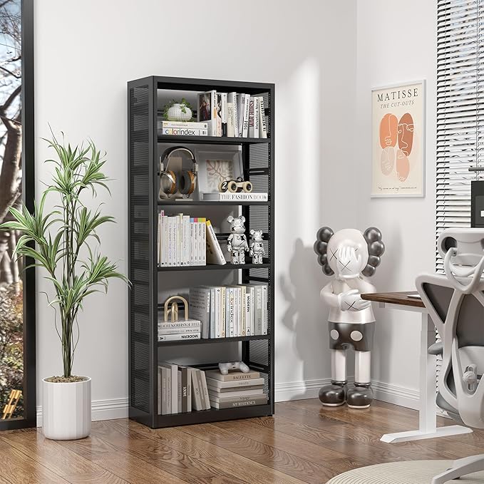 [Heavy Duty] Metal 5 Tier Bookshelf, 68" Tall Bookcase with Adjustable Shelves, Open Storage Shelf, Floor Standing Bookshelves, Bookcases for Office, Living Room, Bedroom, Black, Assembly Required