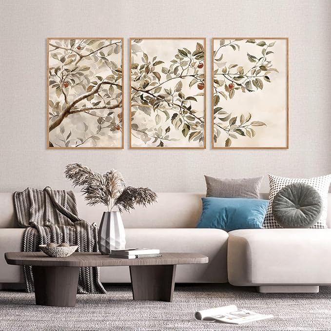 HLNIUC Apple Tree Vintage Framed Wall Art Set, Botanical Branch Canvas Wall Decor, Rustic Farmhouse Leaves Wall Painting, Retro Nature Plant Art Print for Living Room, Bedroom, Office - 24"x36"x3
