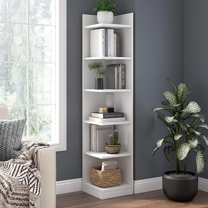 Bush Home Universal 15W Tall Corner Bookshelf in White, 6 Shelf Narrow Bookcase for Home Office Storage or Living Room Organization