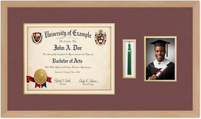 CountryArtHouse Diploma Tassel and Photo Shadowbox Fits 14 x 11 College Diploma (Modern) with Tassel Ho Natural Wood Genuine Hardwood with Dark Red Over Metallic Gold Double mat
