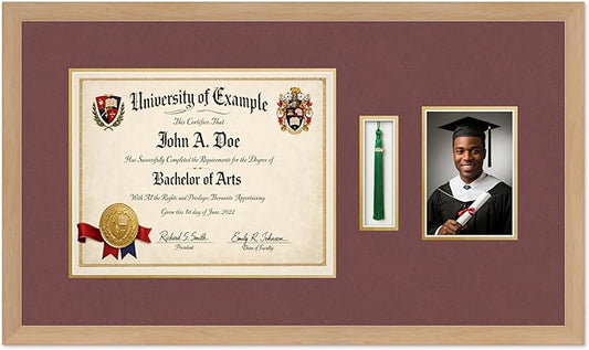 CountryArtHouse Diploma Tassel and Photo Shadowbox Fits 14 x 11 College Diploma (Modern) with Tassel Ho Natural Wood Genuine Hardwood with Dark Red Over Metallic Gold Double mat