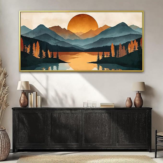 Colorful Mountain Boho Wall Art For Living Room Large Gold Framed Wall Art Canvas Art Wall Decor For Office Modern Bedroom Forest River Landscape Pictures Paintings Artwork 29 X 58 In