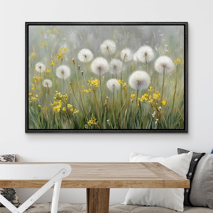 MUDECOR Framed Canvas Print Wall Art Dandelions and Yellow Wildflowers Illustrations Minimalism Decorative Relax Colorful for Living Room, Bedroom, Office - 16"x24" Black