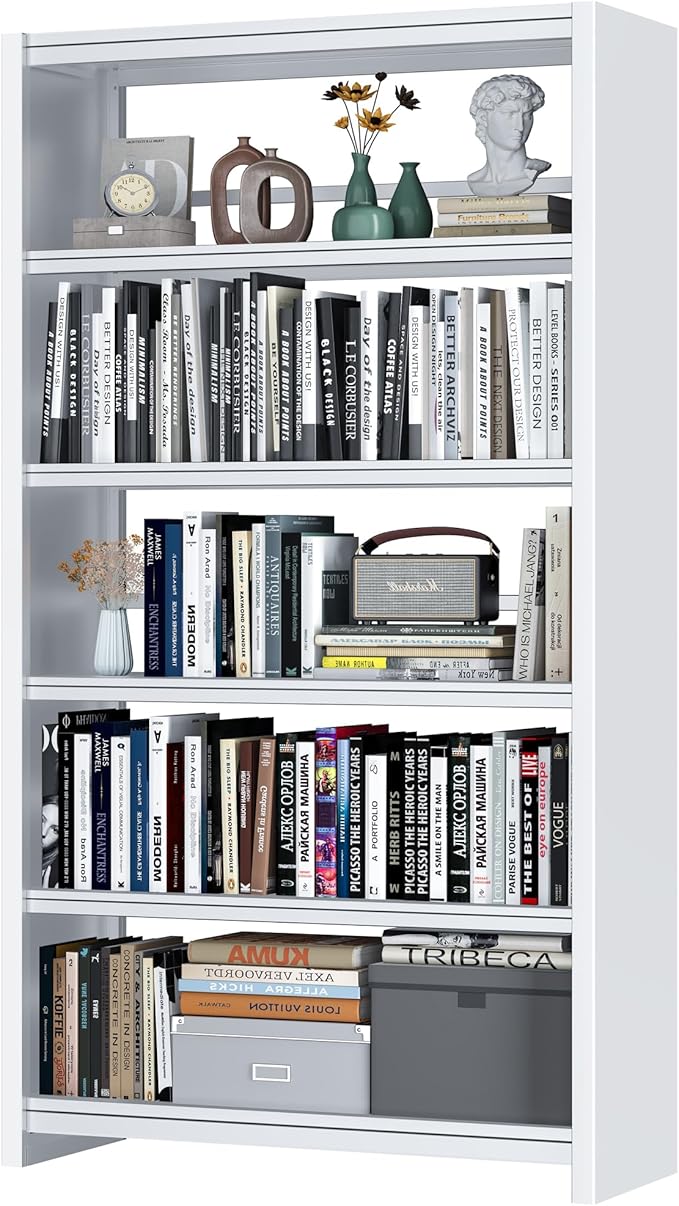 Bookshelf, White Bookshelf with 5 Storage Shelves, Large Metal Bookshelves, 69" Tall Bookcase for Living Room, Library, Office, Bedroom, Including Book Stopper,Simple Assembly