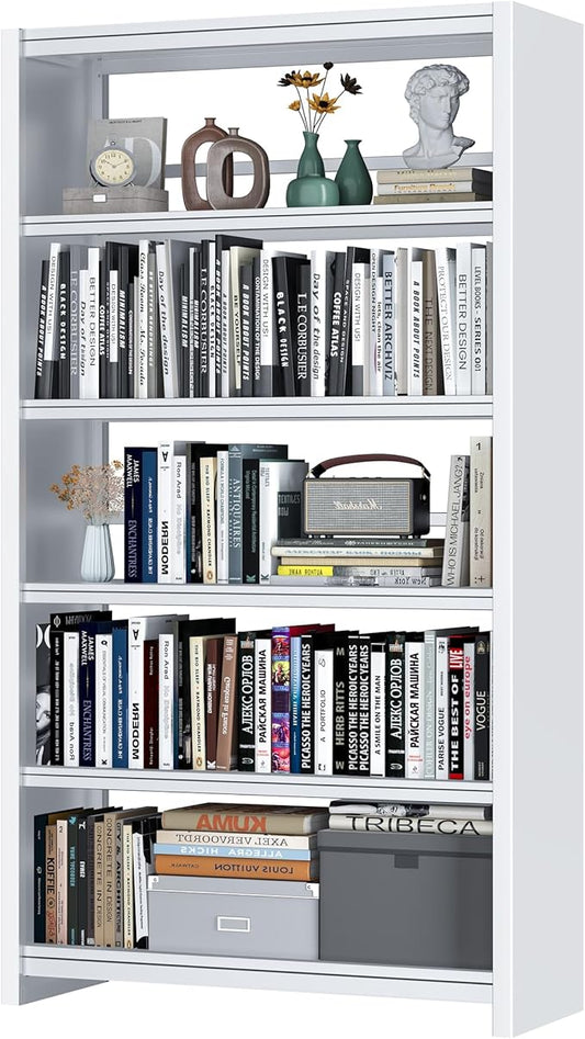 Bookshelf, White Bookshelf with 5 Storage Shelves, Large Metal Bookshelves, 69" Tall Bookcase for Living Room, Library, Office, Bedroom, Including Book Stopper,Simple Assembly