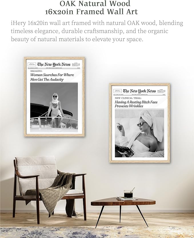 iHery Champagne Problems On the Rise Newspaper Headline Framed Wall Art, Natural OAK Wood Trendy Large 16x20 in Canvas Wall Art Décor For Bedroom Living Room Bathroom Set of 1