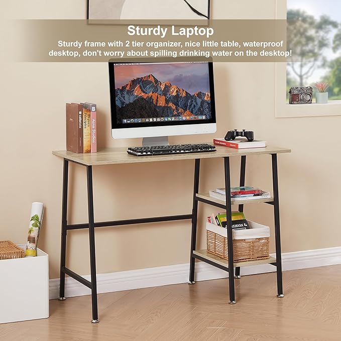 VECELO 43 Inch Computer Home Office Desk, Modern Simple Writing Desk with Storage for Bedroom, Simple Table Modern Student Study Desk,Water Proof, Oak+Black Leg