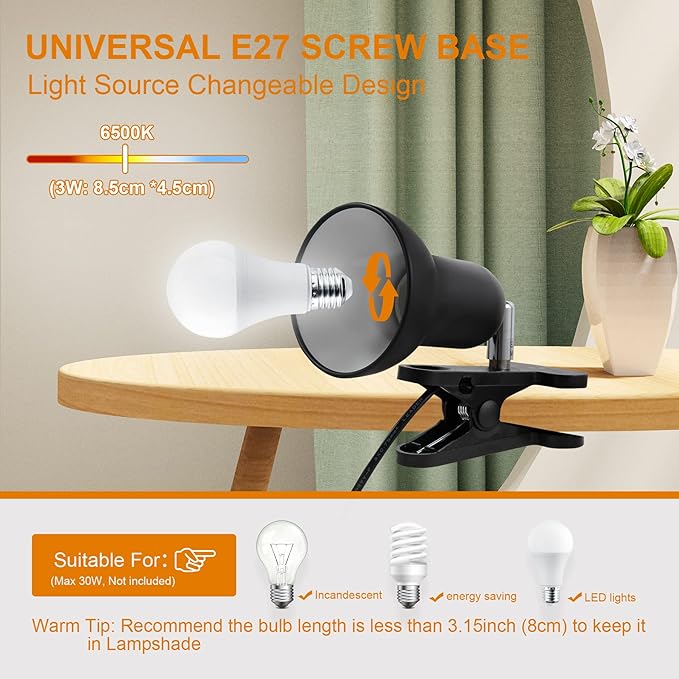 RONG&LAN LED Metal Clip On Light Clip on Lamp for Desk, 360° Adjustable Clamp Reading Light for Bed, Eye-Friendly Book Night Light for Desk Bed Table Dorm Room Bedroom Office Reading SUN-88 Black