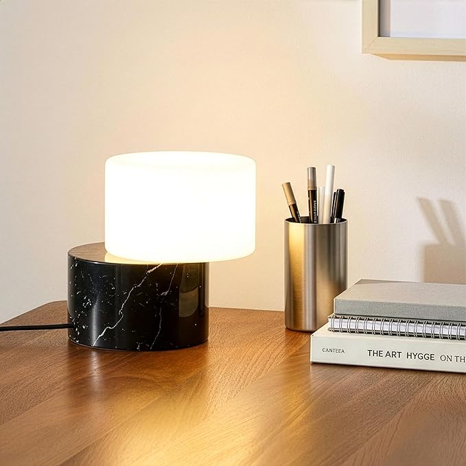 Brightech Zigzag Desk Lamp - Small Dimmable LED Black Marble Table Lamp, Rotatable Frosted Glass Shade, Genuine Stone Natural Unique Desk Light for Office, Bedside, Nightstand, Living Room, Entryway