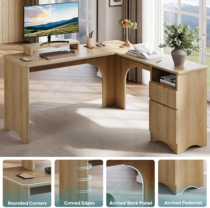 Bestier L Shaped Desk with File Drawer, 55.7" x 55" Office Computer Desk with Round Corners, Modern Desk with Monitor Stand & Fluted Panels for Home Office, Natural Oak