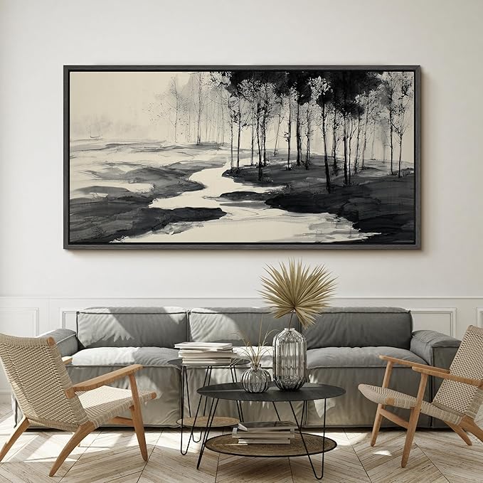SIGNFORD Extra Large Framed Canvas Print Wall Art Minimalist Ink Forest Landscape Illustrations Modern Art Calm Warm for Living Room, Bedroom, Office - 60"x30"
